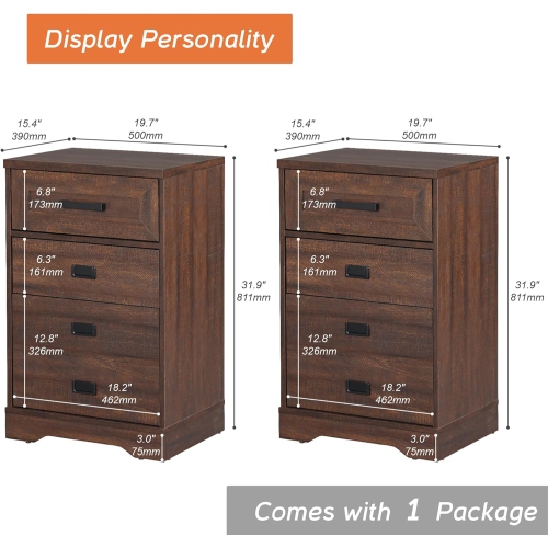WAMPAT 2 Pack High Night Stand Side Table for Bed Room 3 Drawers Dresser End Table for Living Room Office,Rustic Brown