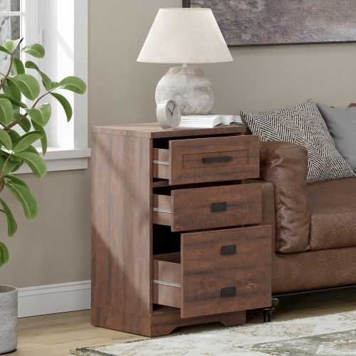 WAMPAT 2 Pack High Night Stand Side Table for Bed Room 3 Drawers Dresser End Table for Living Room Office,Rustic Brown