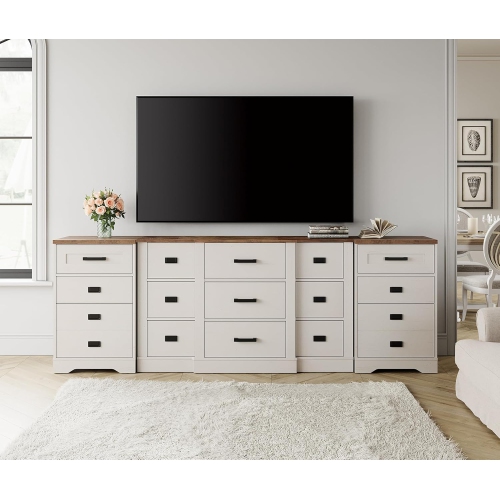 WAMPAT Farmhouse TV Stand for up to 100 inch TV, 3 in 1 TV Console Cabinet with 15 Drawers,Modern Entertainment Center with Storage Cabinets for