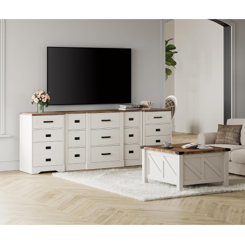WAMPAT Farmhouse TV Stand for up to 100 inch TV, 3 in 1 TV Console Cabinet with 15 Drawers,Modern Entertainment Center with Storage Cabinets for