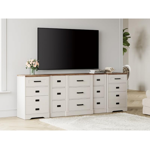 WAMPAT Farmhouse TV Stand for up to 100 inch TV, 3 in 1 TV Console Cabinet with 15 Drawers,Modern Entertainment Center with Storage Cabinets for
