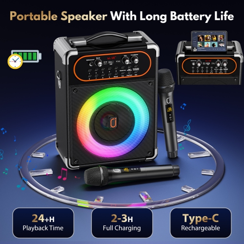 Machine à karaoké FanFun, machine à chanter Bluetooth avec 2 micros sans fil, haut-parleur de karaoké portatif avec lumières de fête LED, S68