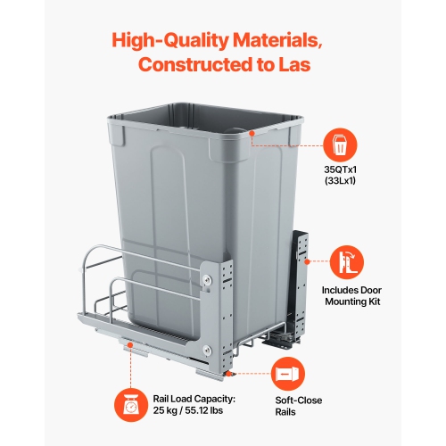 VEVOR 35 QT Pullout Trash Can for Kitchen Cabinets, Garbage Waste Recycling Bin, Under Mount Waste Container, with Heavy Duty Metal Soft Close