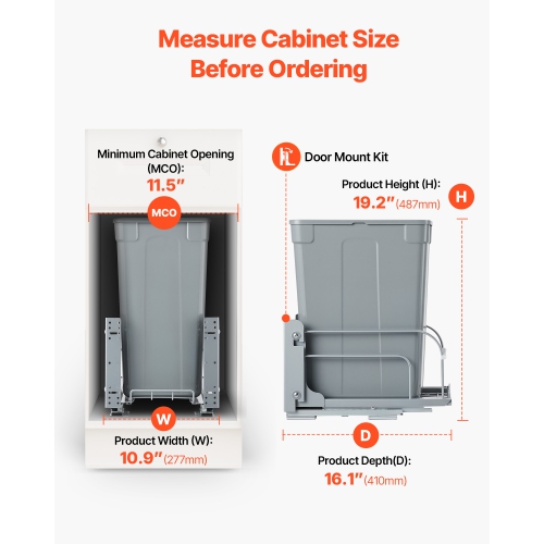 VEVOR 35 QT Pullout Trash Can for Kitchen Cabinets, Garbage Waste Recycling Bin, Under Mount Waste Container, with Heavy Duty Metal Soft Close