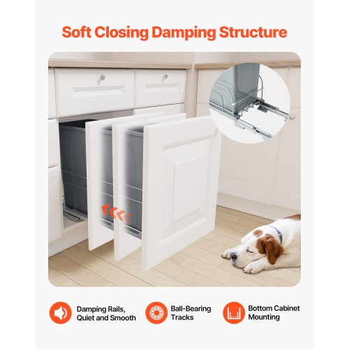 VEVOR 35 QT Pullout Trash Can for Kitchen Cabinets, Garbage Waste Recycling Bin, Under Mount Waste Container, with Heavy Duty Metal Soft Close