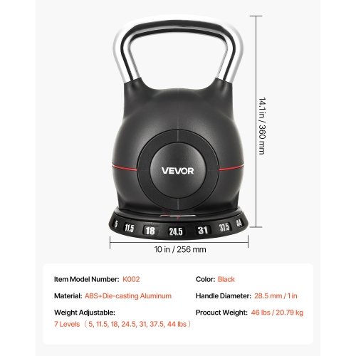 VEVOR 7 Weight Levels Kettlebell, Adjustable Kettlebell, Die-Cast Aluminum and ABS Material, for Grip Strength Training, Full-body Workout