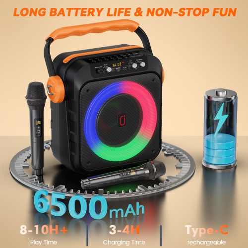 Machine à karaoké Bluetooth de FanFun, machine à chanter avec 2 micros sans fil, haut-parleur de karaoké portatif avec lumières LED, MS80