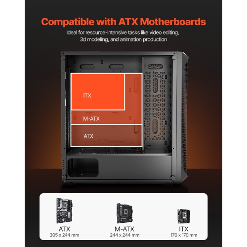 VEVOR PC Gaming Case, Mid-Tower, Computer Case with High-Airflow Tempered Glass Panel, Dust Filter, 4 x 120 mm Fans, for GPU up to 270 mm in Length,