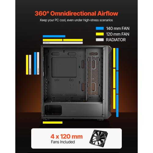 VEVOR PC Gaming Case, Mid-Tower, Computer Case with High-Airflow Tempered Glass Panel, Dust Filter, 4 x 120 mm Fans, for GPU up to 270 mm in Length,