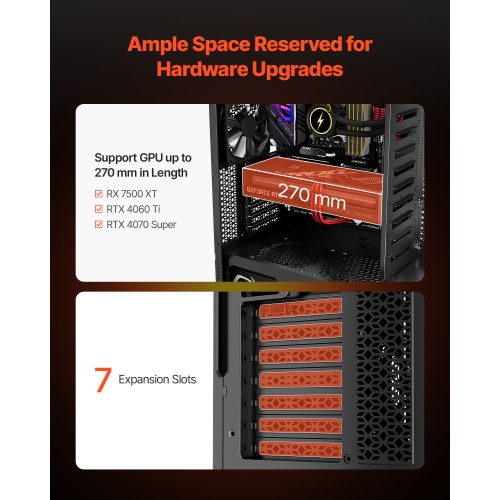 VEVOR PC Gaming Case, Mid-Tower, Computer Case with High-Airflow Tempered Glass Panel, Dust Filter, 4 x 120 mm Fans, for GPU up to 270 mm in Length,