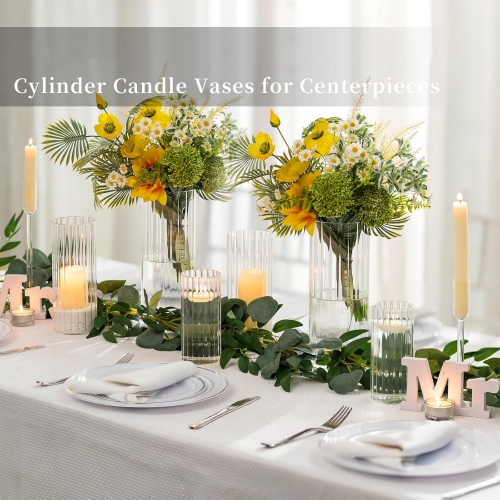 NIERBO Ribbed Glass Candle Holder, Cylinder Candle Holders for Pillar Candles, Clear Hurricane Candle Holder Set of 18, Decorative Floating Candle