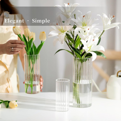 NIERBO Ribbed Glass Candle Holder, Cylinder Candle Holders for Pillar Candles, Clear Hurricane Candle Holder Set of 18, Decorative Floating Candle