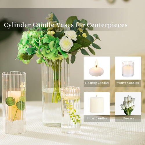 NIERBO Ribbed Glass Candle Holder, Cylinder Candle Holders for Pillar Candles, Clear Hurricane Candle Holder Set of 18, Decorative Floating Candle