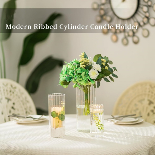 NIERBO Ribbed Glass Candle Holder, Cylinder Candle Holders for Pillar Candles, Clear Hurricane Candle Holder Set of 6, Decorative Floating Candle