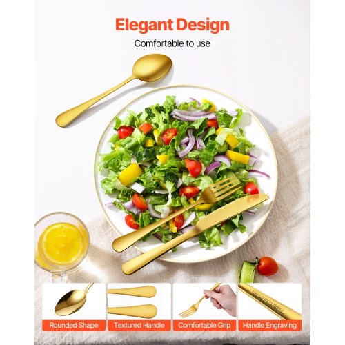 Ensemble d'ustensiles de 100 pièces VEVOR doré, ustensiles en acier inoxydable de qualité alimentaire pour 20, ensemble d'ustensiles au fini miroir,