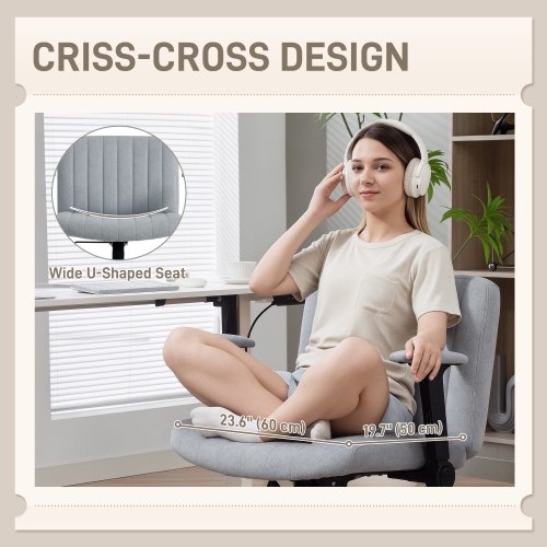 HOMCOM Criss Cross Office Chair with Flip-up Armrests, No Wheels, Wide Task Desk Chair with Adjustable Height, Tilting, Cross Legged, Grey