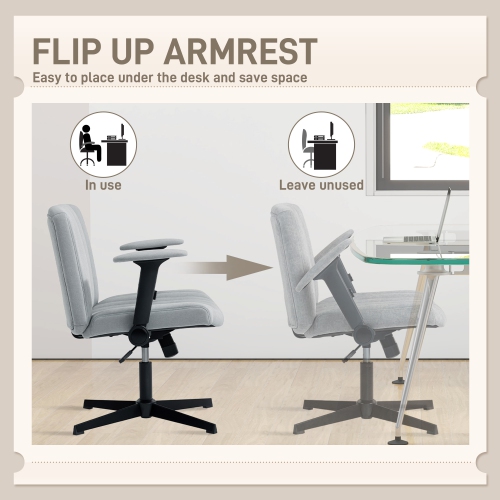 HOMCOM Criss Cross Office Chair with Flip-up Armrests, No Wheels, Wide Task Desk Chair with Adjustable Height, Tilting, Cross Legged, Grey