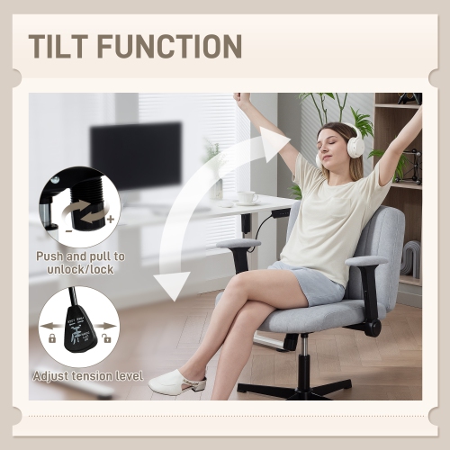 HOMCOM Criss Cross Office Chair with Flip-up Armrests, No Wheels, Wide Task Desk Chair with Adjustable Height, Tilting, Cross Legged, Grey