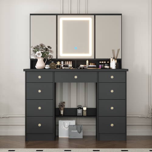 Famapy 43.3-Inch Black Makeup Vanity with Adjustable Lighting & 9 Drawers – Elegant Storage Solution for Bedroom or Bathroom,,Black