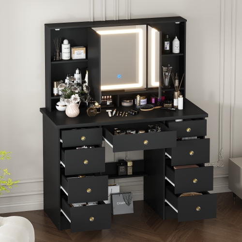 Famapy 43.3-Inch Black Makeup Vanity with Adjustable Lighting & 9 Drawers – Elegant Storage Solution for Bedroom or Bathroom,,Black