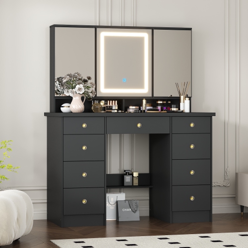 Famapy 43.3-Inch Black Makeup Vanity with Adjustable Lighting & 9 Drawers – Elegant Storage Solution for Bedroom or Bathroom,,Black