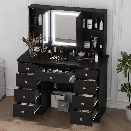 Famapy 43.3-Inch Black Makeup Vanity with Adjustable Lighting & 9 Drawers – Elegant Storage Solution for Bedroom or Bathroom,,Black