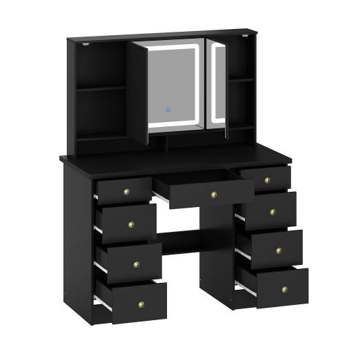 Famapy 43.3-Inch Black Makeup Vanity with Adjustable Lighting & 9 Drawers – Elegant Storage Solution for Bedroom or Bathroom,,Black
