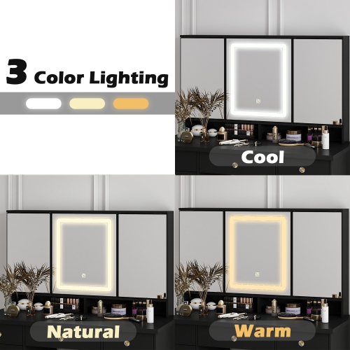 Famapy 43.3-Inch Black Makeup Vanity with Adjustable Lighting & 9 Drawers – Elegant Storage Solution for Bedroom or Bathroom,,Black