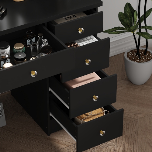 Famapy 43.3-Inch Black Makeup Vanity with Adjustable Lighting & 9 Drawers – Elegant Storage Solution for Bedroom or Bathroom,,Black