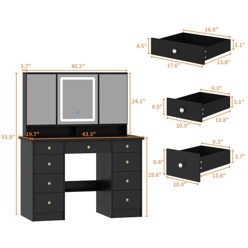Famapy 43.3-Inch Black Makeup Vanity with Adjustable Lighting & 9 Drawers – Elegant Storage Solution for Bedroom or Bathroom,,Black