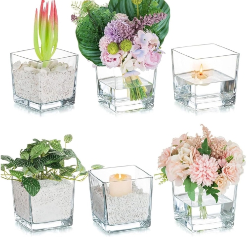 NIERBO  Square Glass 5 Inch Cube Flower Vase Set Of 6, Clear Small Vases for Centerpieces, Modern Decorative Floating Candle Vases for Living Room