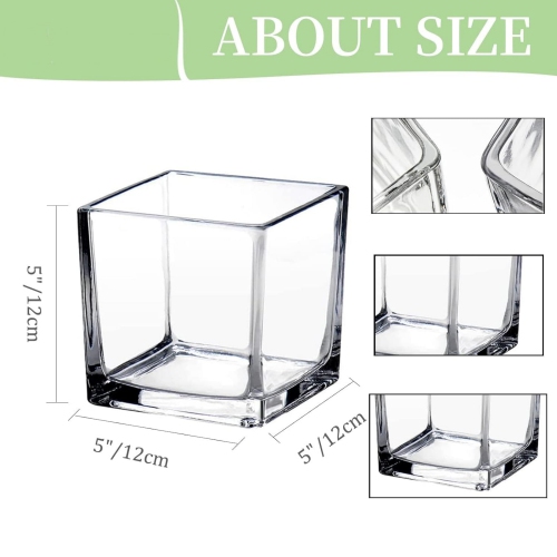NIERBO Square Glass 5 inch Cube Flower Vase Set of 6, Clear Small Vases for Centerpieces, Modern Decorative Floating Candle Vases for Living Room