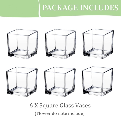 NIERBO Square Glass 5 inch Cube Flower Vase Set of 6, Clear Small Vases for Centerpieces, Modern Decorative Floating Candle Vases for Living Room