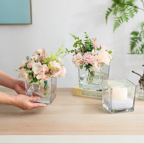NIERBO Square Glass 5 inch Cube Flower Vase Set of 6, Clear Small Vases for Centerpieces, Modern Decorative Floating Candle Vases for Living Room
