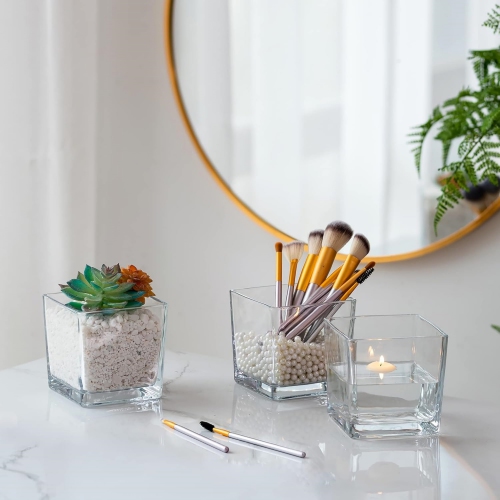 NIERBO Square Glass 5 inch Cube Flower Vase Set of 6, Clear Small Vases for Centerpieces, Modern Decorative Floating Candle Vases for Living Room