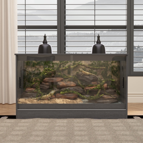 Famapy Reptile Terrarium with Sliding Doors and Tempered Glass – Ideal Habitat for Lizards, Snakes, Turtles, and More,,Black