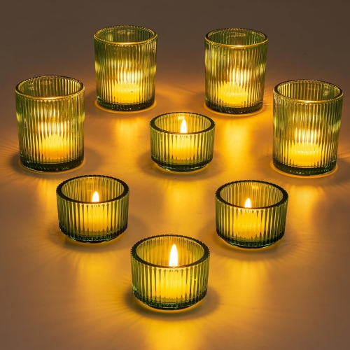 NIERBO Glass Tealight Set of 8 Ribbed Green Votive Candle Holders for Table Centerpiece, Decorative Vintage Tea Lights Candle Holder for Wedding