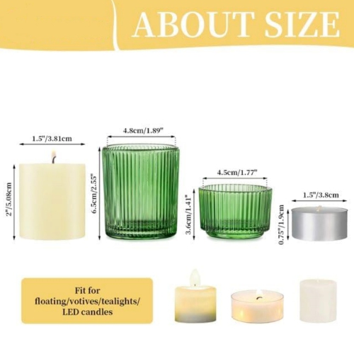 NIERBO Glass Tealight Set of 8 Ribbed Green Votive Candle Holders for Table Centerpiece, Decorative Vintage Tea Lights Candle Holder for Wedding