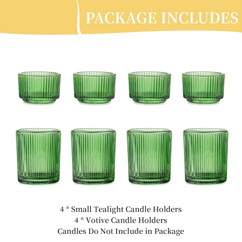 NIERBO Glass Tealight Set of 8 Ribbed Green Votive Candle Holders for Table Centerpiece, Decorative Vintage Tea Lights Candle Holder for Wedding