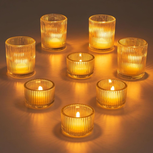 NIERBO Glass Tealight Set of 8 Ribbed Clear Votive Candle Holders for Table Centerpiece, Decorative Vintage Tea Lights Candle Holder for Wedding