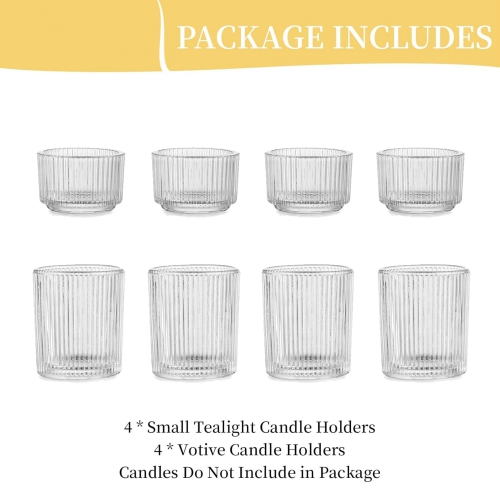 NIERBO Glass Tealight Set of 8 Ribbed Clear Votive Candle Holders for Table Centerpiece, Decorative Vintage Tea Lights Candle Holder for Wedding