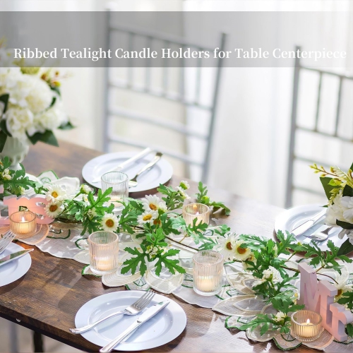 NIERBO Glass Tealight Set of 8 Ribbed Clear Votive Candle Holders for Table Centerpiece, Decorative Vintage Tea Lights Candle Holder for Wedding