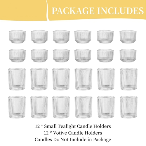 NIERBO Glass Tealight Set of 24 Ribbed Clear Votive Candle Holders for Table Centerpiece, Decorative Vintage Tea Lights Candle Holder for Wedding
