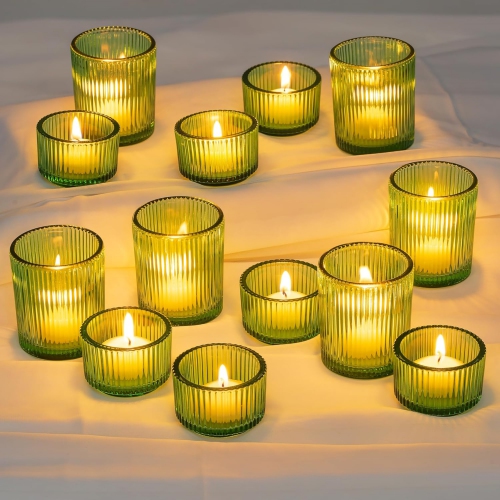 NIERBO Glass Tealight Set of 24 Ribbed Green Votive Candle Holders for Table Centerpiece, Decorative Vintage Tea Lights Candle Holder for Wedding