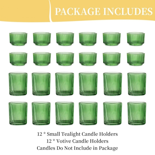 NIERBO Glass Tealight Set of 24 Ribbed Green Votive Candle Holders for Table Centerpiece, Decorative Vintage Tea Lights Candle Holder for Wedding