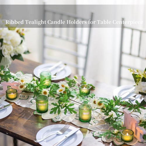 NIERBO Glass Tealight Set of 24 Ribbed Green Votive Candle Holders for Table Centerpiece, Decorative Vintage Tea Lights Candle Holder for Wedding