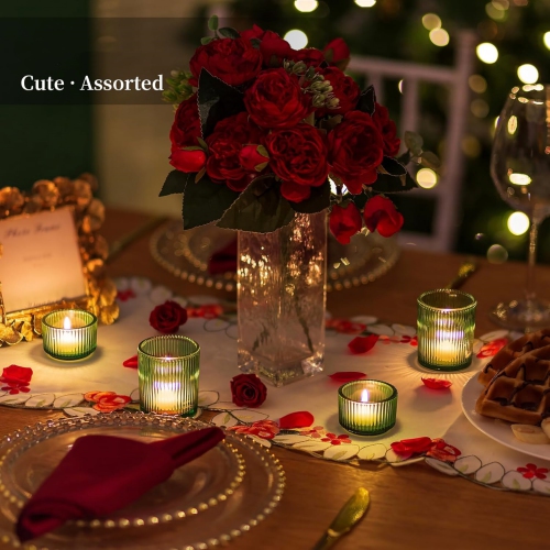 NIERBO Glass Tealight Set of 24 Ribbed Green Votive Candle Holders for Table Centerpiece, Decorative Vintage Tea Lights Candle Holder for Wedding