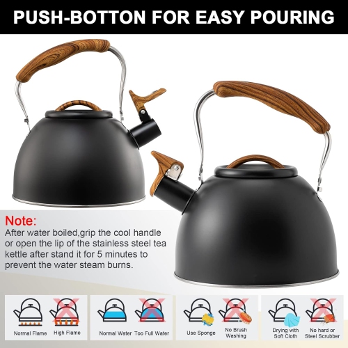 Suitable for induction, gas, and ceramic stoves. 3L large capacity whistling kettle for coffee or milk brewing. Black.