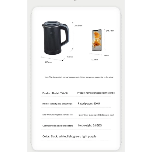 600W portable electric kettle, suitable for travel and business trips, 304 stainless steel, suitable for hotels and offices, 110V US standard, purple