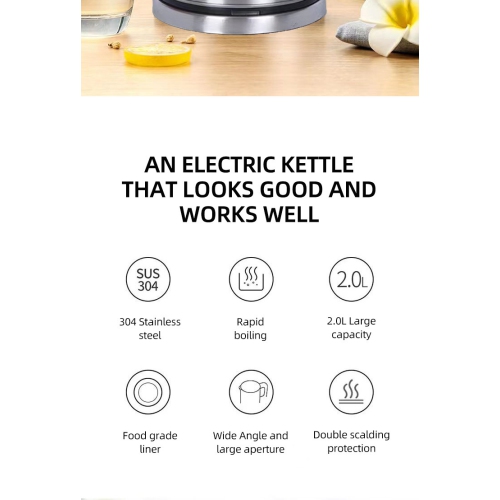 110V Stainless Steel Electric Kettle with Auto Shutoff, 304 Stainless Steel Double Wall Anti-Scalding, US Standard 2.0L - White